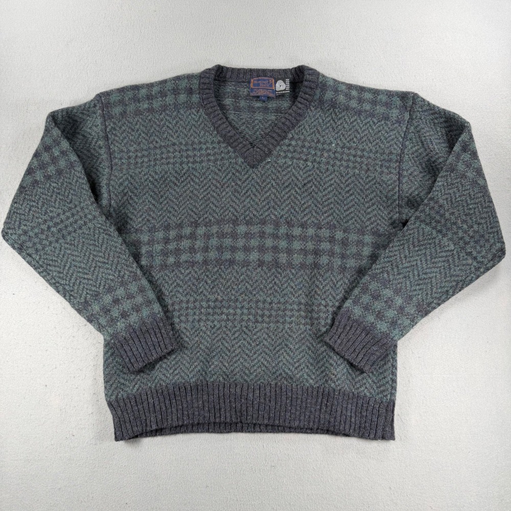 VTG Hunting Horn Mens Large Shetland Wool V-Neck Sweater Herringbone Plaid Gray